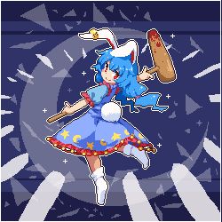 Rule 34 | 1girl, ambiguous red liquid, animal ears, blue background, blue dress, blue hair, commentary request, crescent, crescent print, dress, earclip, floating, frills, from behind, full body, holding, kine, kumamoto (bbtonhk2), long hair, looking at viewer, looking back, low twintails, lowres, mallet, pixel art, rabbit ears, rabbit tail, red eyes, seiran (touhou), short sleeves, smile, socks, solo, sparkle, star (symbol), star print, tail, touhou, twintails, white socks