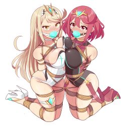 Rule 34 | 2girls, absurdres, angry, bagelbomb, ball gag, bdsm, blonde hair, blush, bondage, bound, bound together, breasts, competition swimsuit, crotch rope, earrings, gag, gem, hair ornament, headpiece, highres, jewelry, long hair, multiple girls, mythra (radiant beach) (xenoblade), mythra (xenoblade), nervous, nintendo, one-piece swimsuit, open mouth, pyra (pro swimmer) (xenoblade), pyra (xenoblade), shibari, sweat, sweatdrop, swimsuit, tiara, very long hair, wet, xenoblade chronicles (series), xenoblade chronicles 2