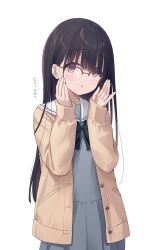 1girl black_hair blush cardigan commentary_request glasses grey_eyes grey_serafuku highres long_hair na-ga open_cardigan open_clothes original parted_lips school_uniform serafuku simple_background solo translation_request white_background