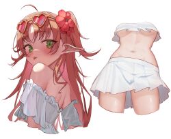 Rule 34 | 1girl, absurdres, ahoge, arknights, back, bikini, bikini skirt, blush, breasts, cropped legs, dkyung004, earrings, eyewear on head, flower, frilled bikini, frills, green eyes, hair flower, hair ornament, heart, heart-shaped eyewear, heart earrings, highres, jewelry, long hair, looking at viewer, medium breasts, multiple views, myrtle (arknights), myrtle (summer flowers) (arknights), navel, official alternate costume, pointy ears, red flower, red hair, simple background, stomach, sunglasses, swimsuit, thighs, tongue, tongue out, underboob, very long hair, white background, white bikini