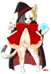 Rule 34 | 1girl, animal ears, areola slip, ayazumi flutter, black cape, black eyes, breasts, calico, cape, cat ears, cat girl, cat paws, cat tail, female focus, full body, functionally nude, gigantic breasts, hat, holding orb, looking at viewer, neck ribbon, open mouth, oppai loli, orb, original, red ribbon, ribbon, shiny skin, skindentation, smile, solo, standing, tail, thick thighs, thighhighs, thighs, white background, witch hat