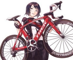Rule 34 | 1girl, bicycle, brown eyes, cowboy shot, open mouth, original, product placement, simple background, smile, solo, wheel, white background, yomo (majidon)