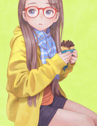 Rule 34 | 1girl, black shorts, blue eyes, blue scarf, brown hair, doughnut, food, glasses, green background, hair over shoulder, holding, holding food, hood, hood down, hooded jacket, jacket, long hair, long sleeves, looking at viewer, murata range, open clothes, open jacket, orange shirt, original, parted lips, plaid, plaid scarf, red-framed eyewear, scarf, shirt, short shorts, shorts, simple background, sitting, sleeves past wrists, solo, yellow jacket