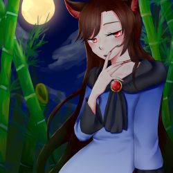 Rule 34 | 1girl, animal ears, bamboo, bamboo forest, brown hair, cloud, cloudy sky, dress, fingernails, forest, full moon, imaizumi kagerou, layered dress, long fingernails, long hair, long sleeves, looking at viewer, moon, nail polish, nature, open mouth, red eyes, red nails, sharp fingernails, sky, solo, tail, touhou, wolf ears, wolf tail