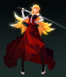 Rule 34 | 10s, 1girl, bare shoulders, black background, black pantyhose, blonde hair, breasts, carrying over shoulder, center frills, dafei, dress, feathers, frills, full body, gloves, gradient background, hair ribbon, hand on own hip, high heels, highres, kiss-shot acerola-orion heart-under-blade, kizumonogatari, legs apart, light smile, long hair, looking at viewer, monogatari (series), oshino shinobu, over shoulder, pantyhose, red dress, ribbon, shoes, solo, strapless, sword, sword over shoulder, very long hair, weapon, weapon over shoulder, white footwear, white gloves, yellow eyes