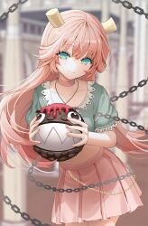 Rule 34 | 1girl, blue shirt, blurry, blurry background, blush, chain, choker, closed mouth, commentary request, copyright request, crop top, depth of field, green eyes, hair between eyes, highres, holding, horns, lloule, long hair, midriff, navel, pastaroniravioli, pink choker, pink hair, pink skirt, pleated skirt, puffy short sleeves, puffy sleeves, shirt, short sleeves, skirt, smile, solo, very long hair, virtual youtuber
