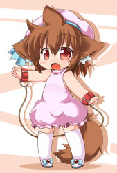 Rule 34 | 1girl, ahoge, animal ears, bad id, bad pixiv id, brown eyes, brown hair, chibi, cuffs, dog ears, dog tail, dress, fang, hat, kuroneko liger, open mouth, original, shackles, solo, tail, thighhighs