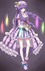 Rule 34 | 1girl, adapted costume, book, boots, breasts, cleavage, crescent, crystal, detached collar, female focus, full body, gloves, gosledging, hair ribbon, hat, highres, long hair, patchouli knowledge, purple hair, ribbon, simple background, solo, touhou