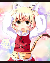 Rule 34 | 1girl, animal ears, animal print, blonde hair, blush, fang, female focus, hands on own head, highres, kemonomimi mode, open mouth, solo, tail, tiger ears, tiger print, tiger tail, toramaru shou, touhou, yellow eyes, zetz