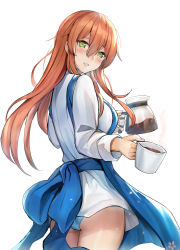 Rule 34 | 1girl, apron, ass, blue apron, blue panties, blush, breasts, brown hair, coffee, coffee cup, coffee pot, cowboy shot, cup, disposable cup, girls&#039; frontline, giving, green eyes, hair between eyes, himonoata, holding, holding cup, long hair, long sleeves, looking at viewer, looking back, medium breasts, panties, pantyshot, parted lips, shirt, simple background, solo, springfield (girls&#039; frontline), standing, underwear, white background, white shirt