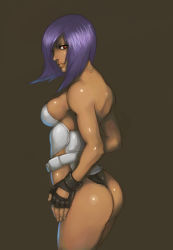 Rule 34 | 1girl, ass, bare shoulders, breasts, cyborg, fingerless gloves, from side, gary lai, ghost in the shell, gloves, hair over one eye, highres, kamui12, kusanagi motoko, leotard, purple hair, red eyes, short hair, sideboob, smile, solo, thighs, thong leotard