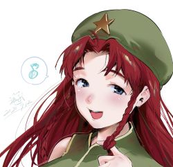 Rule 34 | 1girl, :d, banned artist, bare shoulders, beret, blue eyes, blush, braid, commentary request, dated, dress, gold trim, green dress, green hat, hand up, hat, hat ornament, highres, hong meiling, kamiyama aya, long hair, looking at viewer, musical note, open mouth, portrait, red hair, side braids, signature, simple background, sketch, smile, solo, spoken musical note, star (symbol), star hat ornament, teeth, touhou, twin braids, twirling hair, upper teeth only, white background