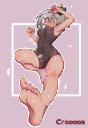 Rule 34 | 1girl, absurdres, arm up, artist name, barefoot, bea (pokemon), black bodysuit, black hairband, bodysuit, bow hairband, breasts, cameltoe, cleft of venus, clenched hands, commentary request, covered abs, covered erect nipples, covered navel, creatures (company), creeeen jjang, feet, female pubic hair, framed, full body, game freak, grey eyes, grey hair, gym leader, hair between eyes, hairband, hand up, highres, knees, korean commentary, nintendo, pokemon, pokemon swsh, pubic hair, shiny skin, short hair, soles, solo, toes