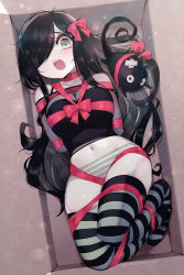 Rule 34 | 1girl, aria wintermint, arms behind back, bdsm, black hair, bondage, bound, box, gift, gift box, highres, navel, one eye covered, original, panties, parororo, ribbon, striped clothes, striped panties, striped thighhighs, thighhighs, underwear
