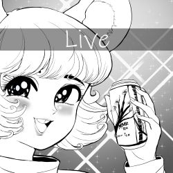 Rule 34 | 1girl, animal ears, arizona (drink), blush, can, commentary, english commentary, english text, franzj, greyscale, highres, holding, holding can, looking at viewer, meme, monochrome, mouse ears, nazrin, open mouth, parody, portrait, retro artstyle, short hair, smile, snapchat, solo, sparkling eyes, step arts, style parody, touhou