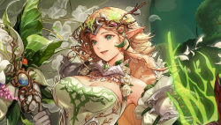 Rule 34 | aqua eyes, blonde hair, branch, breasts, cleavage, detached sleeves, dress, dungeon and fighter, elven knight (dungeon and fighter), flower, gloves, green dress, hair behind ear, headdress, highres, holding, holding weapon, keto cactus, knight (dungeon and fighter), long hair, looking ahead, medium breasts, open mouth, pink flower, pointy ears, rose, smile, weapon, white flower, white gloves, white rose