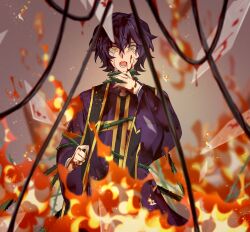 Rule 34 | 1boy, blood, blood in hair, blood on clothes, blood on face, blood on hands, blue hair, chinese commentary, commentary request, crying, crying with eyes open, dark blue hair, fire, glass shards, gold trim, highres, long sleeves, male focus, open mouth, plant, qiuqiulovemiao, saibou shinkyoku, solo, spoilers, stole, tears, utsugi noriyuki, vines, yellow eyes