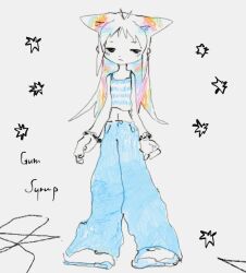 Rule 34 | ahoge, animal ears, antenna hair, baggy pants, bracelet, cat ears, english text, expressionless, half-closed eyes, highres, ishikei (style), izmi, jewelry, long hair, multicolored hair, navel, original, pants, rainbow hair, shirt, star (symbol), striped clothes, striped shirt, tank top, white background, white footwear