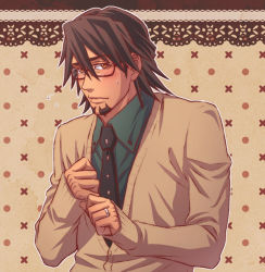 Rule 34 | 10s, 1boy, alternate costume, bespectacled, blush, brown eyes, brown hair, facial hair, glasses, jewelry, kaburagi t. kotetsu, lunarclinic, male focus, necktie, ring, solo, stubble, sweatdrop, sweater, tiger &amp; bunny, wavy mouth, wedding band