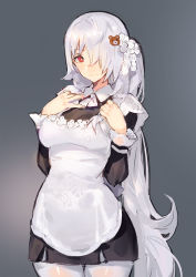 Rule 34 | 1girl, alternate costume, breasts, enmaided, girls&#039; frontline, grey background, hair over one eye, kishiyo, large breasts, long hair, looking at viewer, maid, md5 mismatch, pantyhose, pk (girls&#039; frontline), ponytail, red eyes, resolution mismatch, simple background, smile, solo, very long hair, white pantyhose
