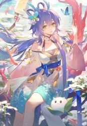 Rule 34 | 1girl, bare shoulders, barefoot, black hair, blue butterfly, bug, butterfly, chinese clothes, choker, coral, fish, flower, flower knot, green eyes, hair flower, hair ornament, highres, insect, lantern, lens flare, long hair, looking at viewer, low-tied long hair, luo tianyi, necktie, paper lantern, renjian shilian, short hair, sidelocks, sitting, solo, tassel, vocaloid