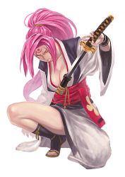 Rule 34 | 1girl, arc system works, baiken, breasts, cleavage, guchico, guilty gear, highres, japanese clothes, kataginu, katana, large breasts, long hair, one-eyed, on one knee, pink hair, ponytail, red eyes, scar, scar across eye, scar on face, scrunchie, sheath, solo, sword, tattoo, thighs, toeless legwear, unsheathing, weapon