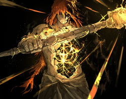 Rule 34 | 1boy, braid, closed mouth, cracked skin, elden ring, elden ring (object), glowing, glowing eyes, hammer, highres, holding, holding hammer, holding weapon, hole in chest, hole on body, kankan33333, long hair, looking at viewer, male focus, orange hair, radagon of the golden order, solo, spoilers, topless male, very long hair, weapon