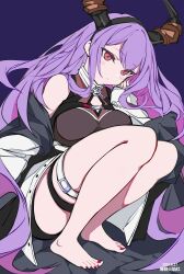 Rule 34 | 1girl, absurdres, arknights, baoliehuo yanhong, barefoot, black shirt, black shorts, breasts, dated, feet, highres, horns, jacket, large breasts, legs, long hair, nail polish, off shoulder, open clothes, open jacket, purple background, purple hair, red nails, shirt, shorts, sidelocks, simple background, sleeveless, sleeveless shirt, solo, squatting, thigh strap, thighs, toenail polish, toenails, typhon (arknights), very long hair, white jacket