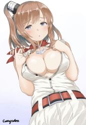 Rule 34 | 1girl, artist name, blue eyes, breast pocket, breasts, brown hair, cleavage, cowboy shot, curry soba, dress, from below, gradient background, highres, kantai collection, large breasts, looking at viewer, neckerchief, open clothes, open dress, pocket, ponytail, red legwear, red neckerchief, saratoga (kancolle), side ponytail, sidelocks, smokestack, solo, white background, white dress