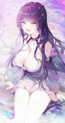 Rule 34 | 1girl, bare shoulders, blunt bangs, blurry, blush, breasts, collarbone, detached sleeves, dress, eyelashes, hair intakes, hair ornament, happy, highres, lace trim, large breasts, long hair, long sleeves, looking at viewer, lower teeth only, open mouth, original, purple dress, purple eyes, purple hair, purple sleeves, purple theme, sidelocks, sitting, solo, teeth, thighs, tongue, totomong, water