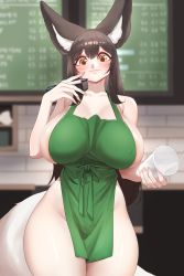 Rule 34 | 1girl, absurdres, ahri (league of legends), animal ears, apron, areola slip, bare shoulders, barista, blush, breasts, brown hair, cafe, closed mouth, coffee cup, collarbone, commentary, covered erect nipples, cowboy shot, cup, disposable cup, english commentary, facial mark, fingernails, fox ears, fox tail, green apron, hair between eyes, highres, holding, holding cup, holding marker, holding pen, huge breasts, iced latte with breast milk (meme), indoors, large breasts, league of legends, legs together, long hair, looking at viewer, makeup, marker, mascara, meme, menu board, nail polish, naked apron, pen, pink nails, shiny skin, sidelocks, smile, solo, standing, tail, thighs, very long hair, whisker markings, yabby, yellow eyes