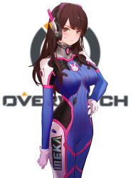 Rule 34 | 1girl, animal print, arm at side, armor, blue bodysuit, blurry, blush, bodysuit, bracer, breasts, breasts apart, brown eyes, brown hair, closed mouth, clothes writing, copyright name, covered navel, cowboy shot, d.va (overwatch), depth of field, emblem, eyelashes, facepaint, facial mark, gloves, hand on own hip, headphones, high collar, highres, kincora, logo, long hair, long sleeves, looking at viewer, medium breasts, overwatch, overwatch 1, pauldrons, pilot suit, rabbit print, ribbed bodysuit, shoulder armor, shoulder pads, simple background, sketch, skin tight, solo, standing, swept bangs, turtleneck, whisker markings, white background, white gloves