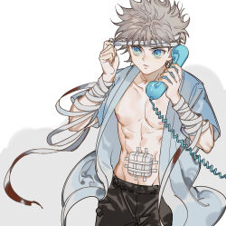 Rule 34 | 1boy, bandaged arm, bandaged head, bandages, bandaid on stomach, blood, blue eyes, cable, collarbone, corded phone, grey hair, hands up, highres, holding, holding phone, hospital gown, hunter x hunter, killua zoldyck, looking away, male focus, mr-study, nipples, open clothes, pectorals, phone, removing bandages, short sleeves, sideways glance, simple background, solo, spiked hair, talking on phone, toned, toned male, upper body, white background
