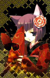 Rule 34 | 1girl, animal, animal ears, animal print, blue eyes, blunt bangs, bug, butterfly, butterfly print, cat ears, expressionless, flower, hair flower, hair ornament, insect, japanese clothes, kimono, lips, looking down, minato hiromu, original, pink flower, pink rose, red hair, rose, short hair, simple background, solo, upper body