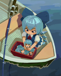 ayanami_rei blue_bow blue_dress blue_eyes blue_hair blush_stickers boat bow chibi cirno dress epips expressionless fishing_rod hair_bow highres ice ice_wings kneeling light_blue_hair mecha_pilot_suit mini_person multiple_girls neon_genesis_evangelion plugsuit rei_chikita shadow short_hair short_sleeves smile touhou water watercraft wings