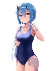 Rule 34 | 1girl, adjusting clothes, adjusting swimsuit, blue eyes, blue hair, blue one-piece swimsuit, blush, braid, collarbone, covered navel, cowboy shot, expressionless, fu soulwave, hair between eyes, heterochromia, highres, horns, io (pso2), looking at viewer, one-piece swimsuit, orange eyes, phantasy star, phantasy star online 2, school swimsuit, short hair, side braid, solo, swimsuit, tattoo, towel, white background