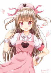 Rule 34 | &gt; &lt;, 1girl, :d, apron, armband, bandaged arm, bandages, between fingers, blush, center frills, collared shirt, commentary request, dated, eighth note, fang, frills, hair ornament, hand on own hip, hand up, hat, heart, highres, holding, holding syringe, light brown hair, long hair, musical note, natori sana, nurse cap, open mouth, pink apron, pink hat, puffy short sleeves, puffy sleeves, rabbit hair ornament, red eyes, sana channel, shirt, short sleeves, simple background, smile, solo, syringe, twitter username, two side up, very long hair, virtual youtuber, white background, white shirt, xenon (for achieve)
