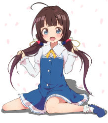 Rule 34 | 10s, 1girl, :d, absurdres, blue dress, blue eyes, blue footwear, blush, bobby socks, brown hair, commentary request, dress, full body, highres, hinatsuru ai, holding, holding own hair, jukai, layered sleeves, long hair, long sleeves, looking at viewer, low twintails, open mouth, petals, puffy short sleeves, puffy sleeves, ryuuou no oshigoto!, school uniform, shoes, short over long sleeves, short sleeves, sitting, smile, socks, solo, twintails, very long hair, wariza, white background, white socks