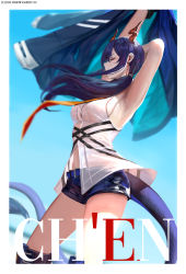 Rule 34 | 1girl, arknights, armpits, arms up, bare arms, bare shoulders, black jacket, black shorts, blue background, blue hair, blurry, breasts, ch&#039;en (arknights), character name, closed eyes, commentary, dishwasher1910, dragon horns, dragon tail, earphones, english commentary, floating hair, hair over shoulder, highres, holding, holding clothes, holding jacket, horns, jacket, unworn jacket, long hair, low twintails, medium breasts, necktie, orange necktie, profile, shirt, short shorts, shorts, sleeveless, sleeveless shirt, solo, standing, tail, thighs, twintails, white shirt