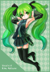Rule 34 | 1girl, arie9, bad id, bad pixiv id, detached sleeves, female focus, full body, green eyes, green hair, hatsune miku, matching hair/eyes, necktie, skirt, solo, thighhighs, twintails, vocaloid, zettai ryouiki