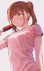 Rule 34 | 1girl, blush, breasts, brown hair, closed mouth, double bun, food, grey background, hair bun, holding, idolmaster, idolmaster shiny colors, ikarin, pink shirt, popsicle, shirt, short sleeves, simple background, solo, sonoda chiyoko, sweat, twintails