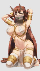 Rule 34 | 1girl, anklet, armlet, ball gag, bracelet, breasts, bridal legwear, brown hair, chain, commentary, commission, covered erect nipples, dancer, english commentary, facial mark, full body, gag, gagged, gold, gold chain, grazelz, grey background, highres, horns, jewelry, kneeling, large breasts, long hair, mouth veil, nail polish, navel, original, pelvic curtain, red eyes, revealing clothes, see-through, skindentation, solo, thighhighs, thighlet, veil, very long hair