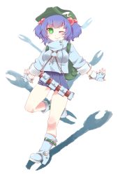 Rule 34 | 1girl, ak love, backpack, bag, bandolier, blue hair, boots, female focus, fingerless gloves, gloves, green eyes, hair bobbles, hair ornament, heart, heart-shaped pupils, hiyosuke (ak love), kawashiro nitori, key, no pants, one eye closed, pocket, randoseru, school swimsuit, shadow, sleeves rolled up, solo, swimsuit, swimsuit under clothes, symbol-shaped pupils, touhou, twintails, two side up, wink, wrench