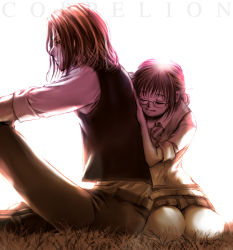 Rule 34 | 1boy, 1girl, asimov, bad id, bad pixiv id, bow, bowtie, brown hair, character request, closed eyes, coppelion, copyright name, couple, elbows on knees, glasses, grass, hand on another&#039;s back, kneeling, leaning on person, miniskirt, nomura taeko, plaid, plaid skirt, pleated skirt, sepia, sitting, skirt, sleeves rolled up, smile, striped bow, striped bowtie, striped clothes, striped neckwear, sweater vest, vest, wakanu