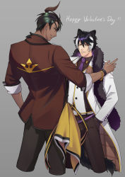 Rule 34 | &gt;:), 2boys, absurdres, animal ears, aragami oga, belt, black gloves, black hair, black pants, bracelet, brown jacket, brown shirt, checkered clothes, coat, collared shirt, cropped legs, dark-skinned male, dark skin, debbie njy, earrings, eyepatch, feather boa, from behind, gloves, green eyes, grey background, grin, hair between eyes, hand in pocket, hand on another&#039;s shoulder, happy valentine, highres, holostars, jackal boy, jackal ears, jackal tail, jacket, jewelry, kageyama shien, looking at viewer, looking back, mafia (holostars), male focus, multicolored hair, multiple boys, necktie, official alternate costume, pants, purple necktie, sash, shirt, short hair, simple background, sleeve cuffs, sleeves past elbows, smile, tail, twitter username, two-sided fabric, two-tone hair, v-shaped eyebrows, vest, virtual youtuber, white belt, white coat, white hair, white vest, wristband, yellow eyes, yellow sash
