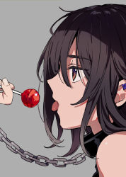Rule 34 | 1girl, arisaka ako, bare shoulders, bdsm, black hair, brown eyes, candy, chain, chain leash, chain, ear piercing, food, grey background, highres, holding, holding candy, holding food, holding lollipop, leash, lollipop, long hair, open mouth, original, piercing, profile, sidelocks, simple background, solo focus, tongue, tongue out, upper body