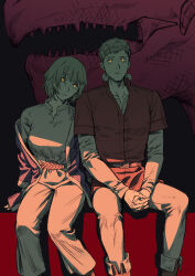 Rule 34 | 1boy, 1girl, belt, blue jacket, boots, breasts, brother and sister, closed mouth, collared shirt, dragon, dungeon meshi, falin touden, flyby64, frown, fur-trimmed shirt, fur trim, glowing, glowing eyes, grey background, grey hair, grey pants, grey shirt, head tilt, highres, jacket, laios touden, large breasts, layered sleeves, long sleeves, off shoulder, own hands together, pants, red shirt, shade, shirt, short hair, short over long sleeves, short sleeves, siblings, side-by-side, sitting, western dragon, yellow eyes