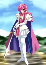 Rule 34 | 1girl, armor, breastplate, ethlyn (fire emblem), fire emblem, fire emblem: genealogy of the holy war, gloves, highres, holding, holding sword, holding weapon, long hair, looking at viewer, nintendo, pauldrons, pink hair, shoulder armor, solo, sword, weapon