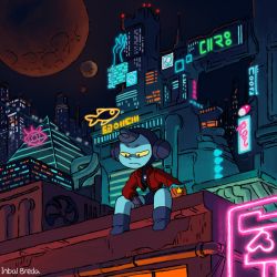 Rule 34 | animated, animated gif, artist name, character request, cyberpunk, eating, greyannis, hologram, neon lights, outdoors, star (symbol), super space sisters