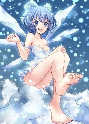 Rule 34 | 1girl, alternate costume, ass, bare shoulders, barefoot, blue eyes, blue hair, breasts, cirno, dress, evil smile, fangs, gradient background, hair ornament, hair ribbon, highres, ice, ice wings, kamekichi (kamekiti), looking at viewer, looking down, matching hair/eyes, nipples, off shoulder, open mouth, ribbon, short hair, sitting, sleeveless, small breasts, smile, snowing, solo, touhou, wings